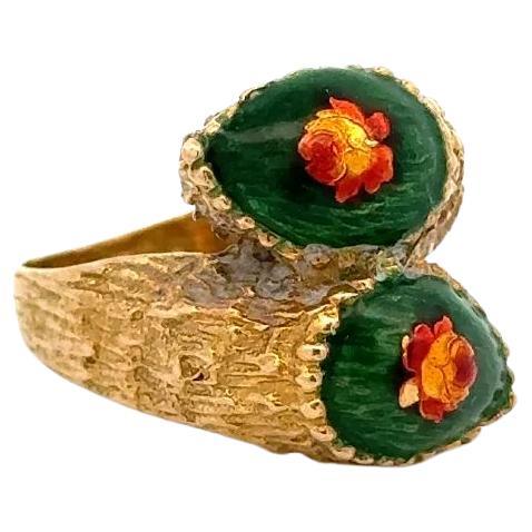 Vintage Mid Century Modern Enamel Flower Gold Moi et Toi Crossover Bypass Ring en vente