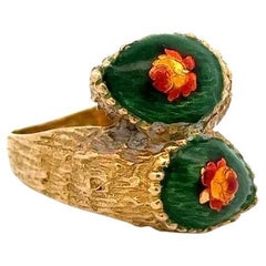 Vintage Mid Century Modern Emaille Blume Gold Moi et Toi Crossover Bypass Ring, Mid-Century Modern