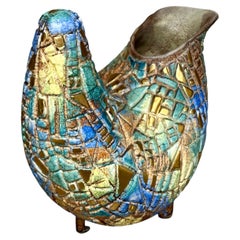 Vintage Mid-Century Modern Emaille Mosaic Peahen Vase von Sascha Brastoff, signiert