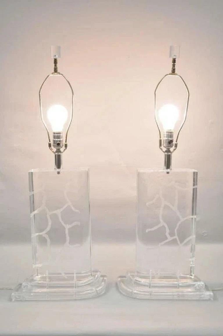 Vintage Mid Century Modern Etched Lucite Sculptural Table Lamps Signed Van Teal - a Pair. Circa Mid 20th Century. Measurements: 32