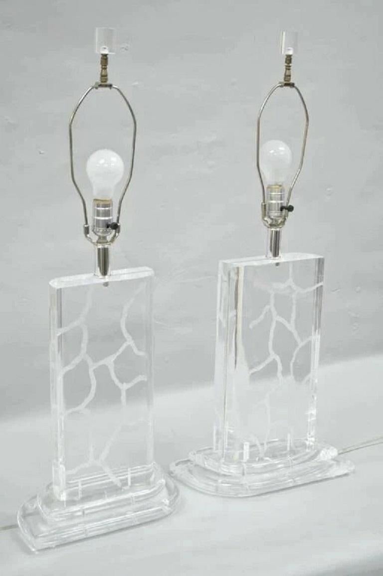 Vintage Mid Century Modern Etched Lucite Sculptural Table Lamps by Van Teal Pair For Sale 2