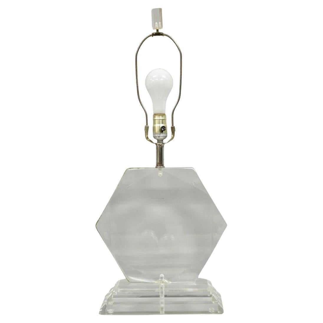 Vintage Mid Century Modern Faceted Hexagon Diamond Clear Lucite Table Lamp