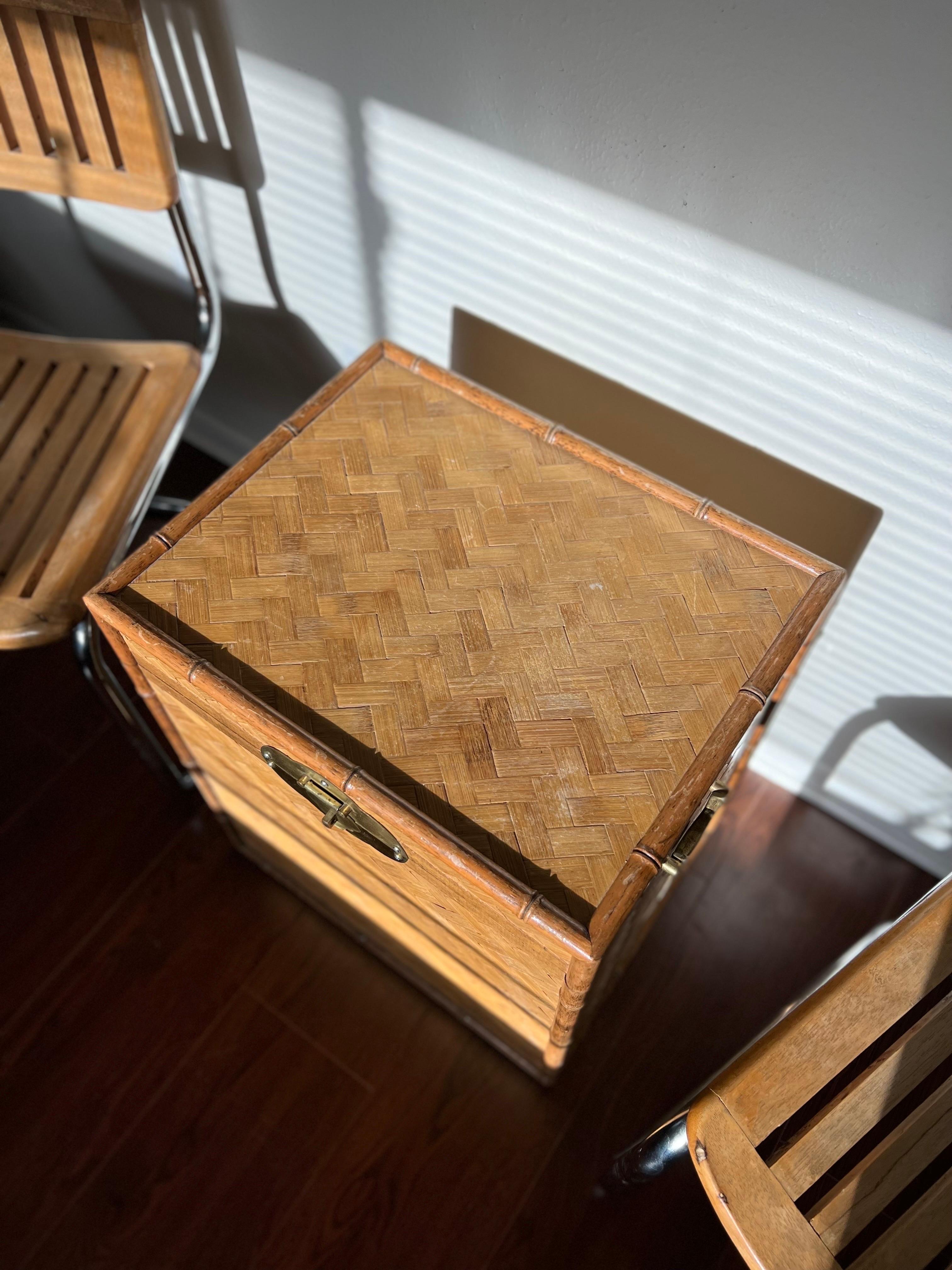 Vintage Mid-Century Modern Faux Bamboo Rattan Trunk with Brass Accents 7