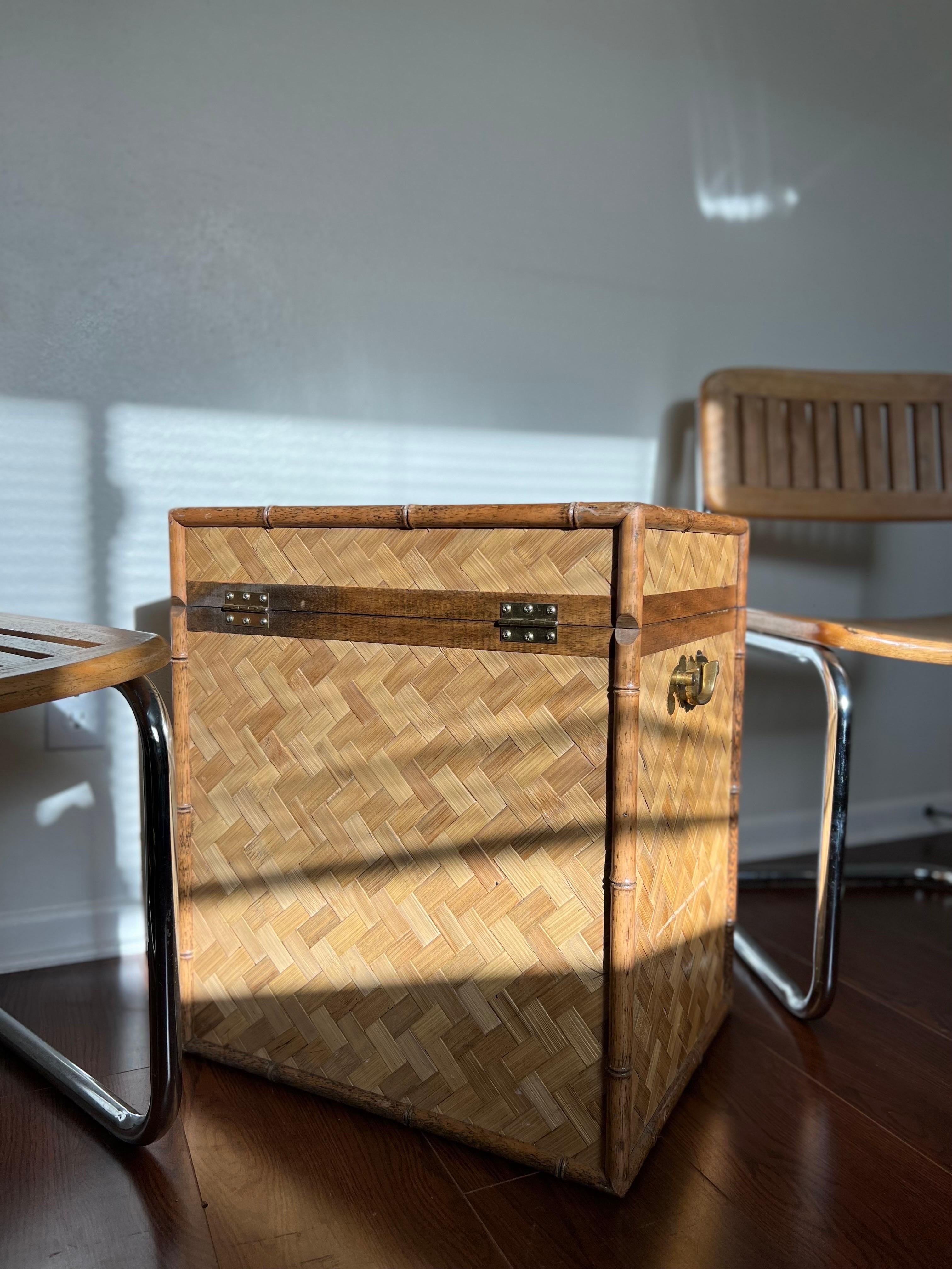 Vintage Mid-Century Modern Faux Bamboo Rattan Trunk with Brass Accents 4