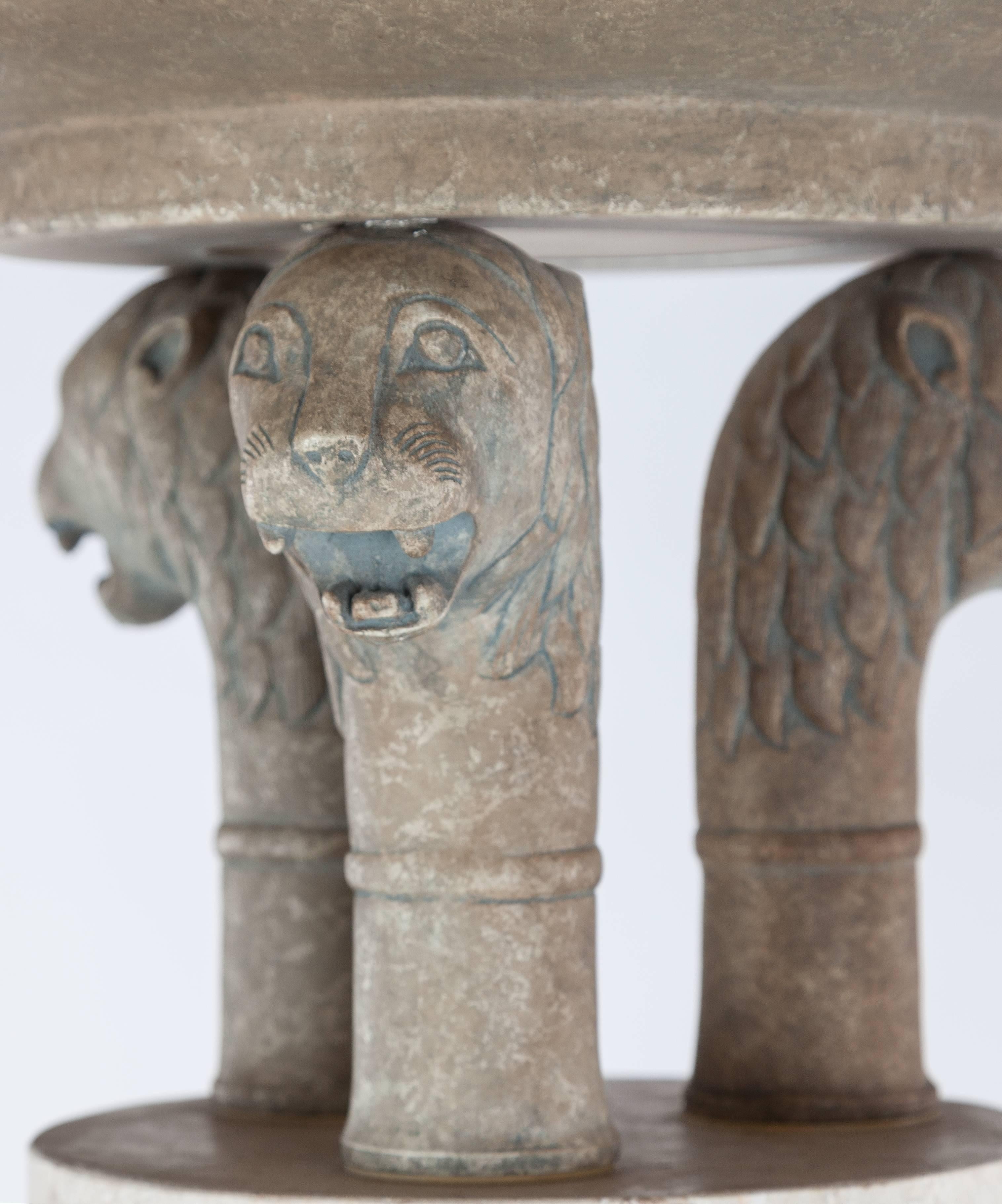 Unknown Vintage Mid-Century Modern Faux Stone Column Torchiere Lamp with Lion Heads For Sale