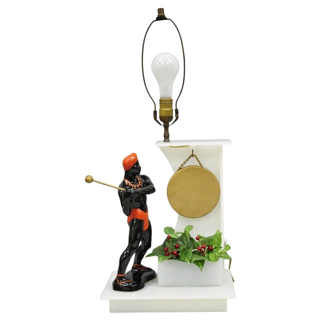 Vintage Mid Century Modern Figural African Black Male w/ Gong Acrylic Table Lamp