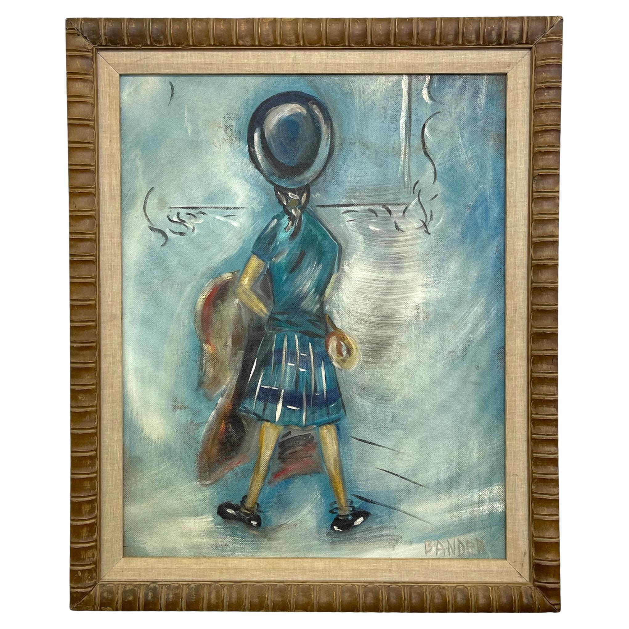 Vintage Mid-Century Modern Figurative Malerei "Mädchen in Blau" Signiert Bander