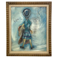 Vintage Mid-Century Modern Figurative Malerei "Mädchen in Blau" Signiert Bander
