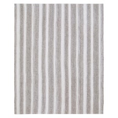 Vintage Mid-Century Modern Flat-Weave Rug in Warm Grey and White Color