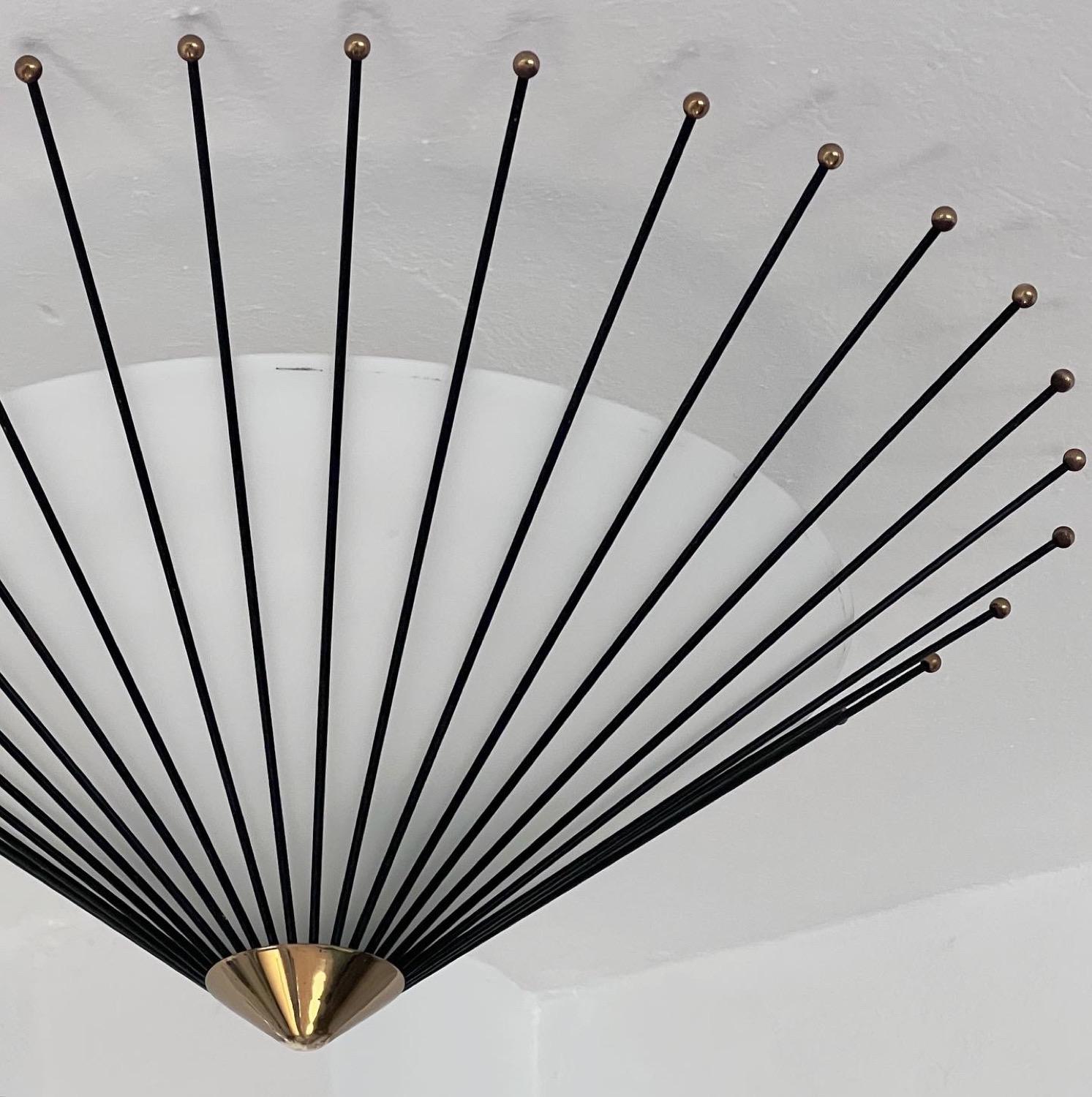 Mid-20th Century Vintage Mid-Century Modern Flush Mount Lamp by Angelo Lelii, Brass and Opaline For Sale