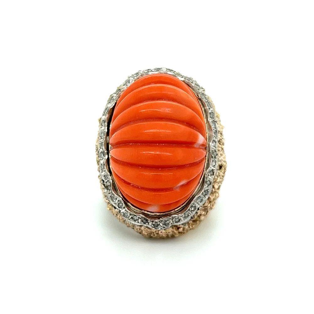 Oval Cut Vintage Mid Century Modern Fluted Red Coral and Diamond Gold Cocktail Ring For Sale