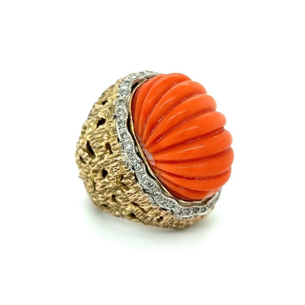 Women's Vintage Mid Century Modern Fluted Red Coral and Diamond Gold Cocktail Ring For Sale