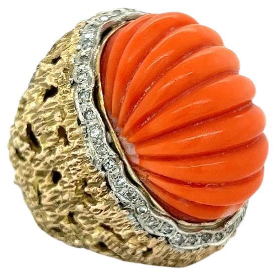 Vintage Mid Century Modern Fluted Red Coral and Diamond Gold Cocktail Ring For Sale