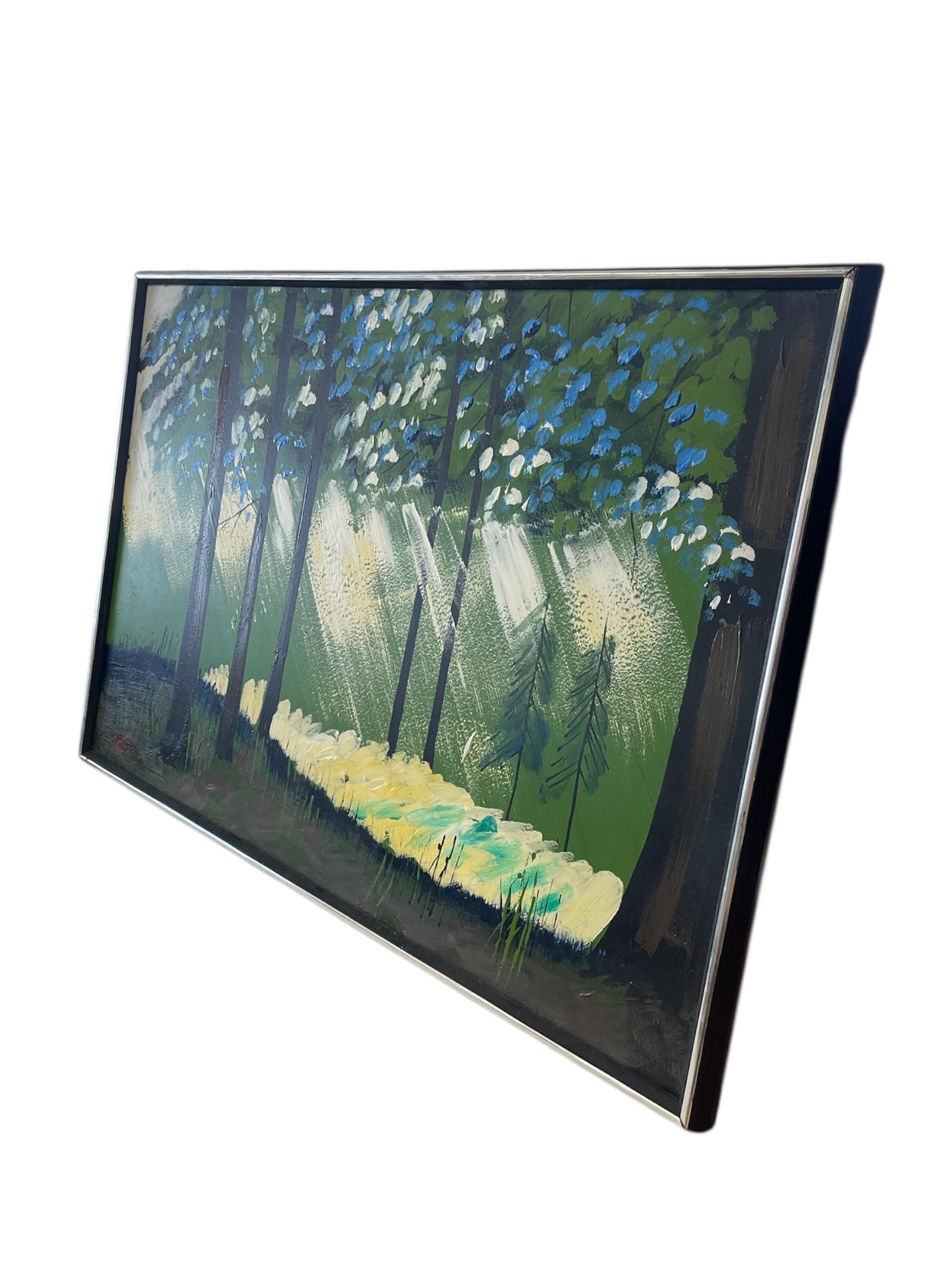 Vintage Mid-Century Modern Waldlandschaft Gemälde, signiert (Moderne der Mitte des Jahrhunderts) im Angebot