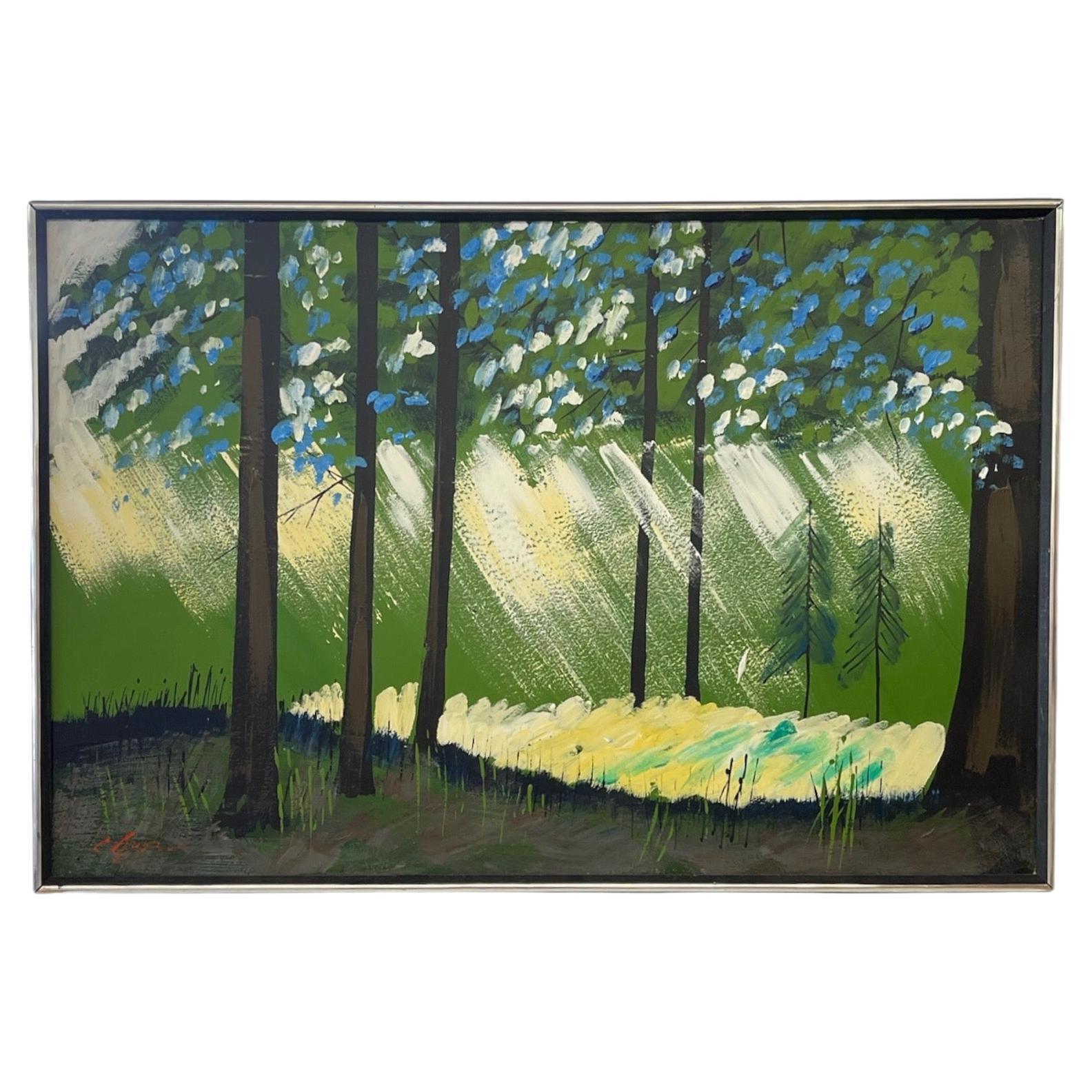 Vintage Mid-Century Modern Waldlandschaft Gemälde, signiert