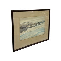 Vintage Mid Century Modern Framed Winter Landscape Watercolor Painting.