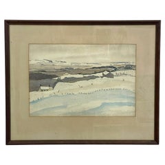 Vintage Mid Century Modern Framed Winter Landscape Watercolor Painting.
