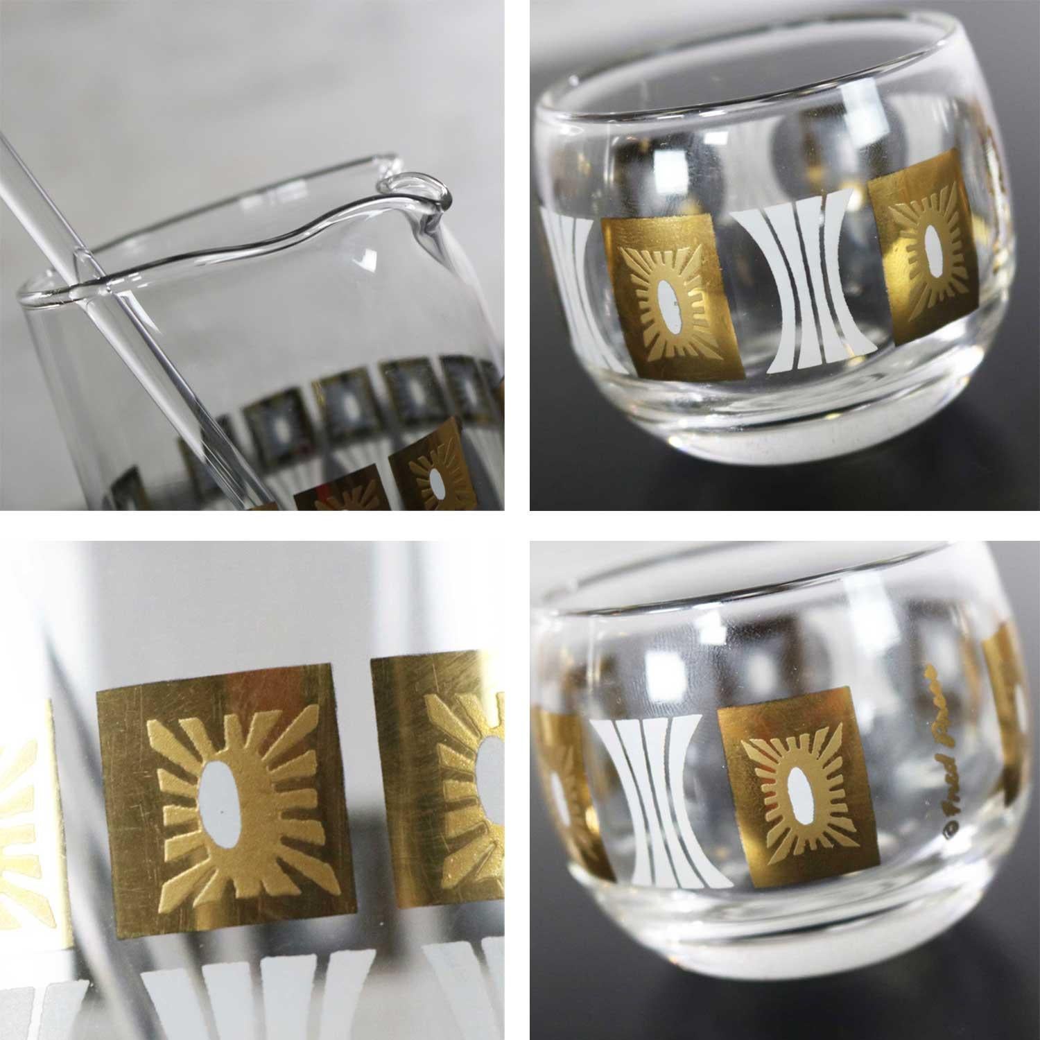 Fred Press - Ensemble de boîtes à cocktail en verre vintage, moderne du milieu du siècle dernier, motif bloc de soleil en vente 7