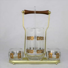 Vintage Mid-Century Modern Fred Press Glass Cocktail Caddy Set Sun Block Patter