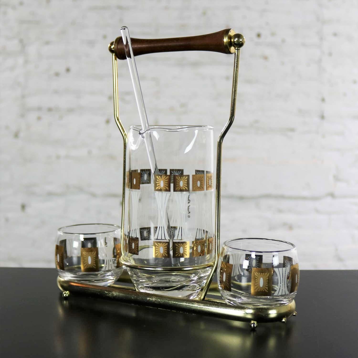 Mid-Century Modern Fred Press - Ensemble de boîtes à cocktail en verre vintage, moderne du milieu du siècle dernier, motif bloc de soleil en vente