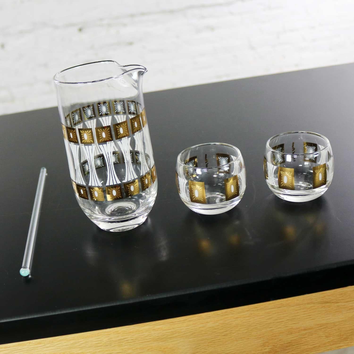 Fred Press - Ensemble de boîtes à cocktail en verre vintage, moderne du milieu du siècle dernier, motif bloc de soleil en vente 1