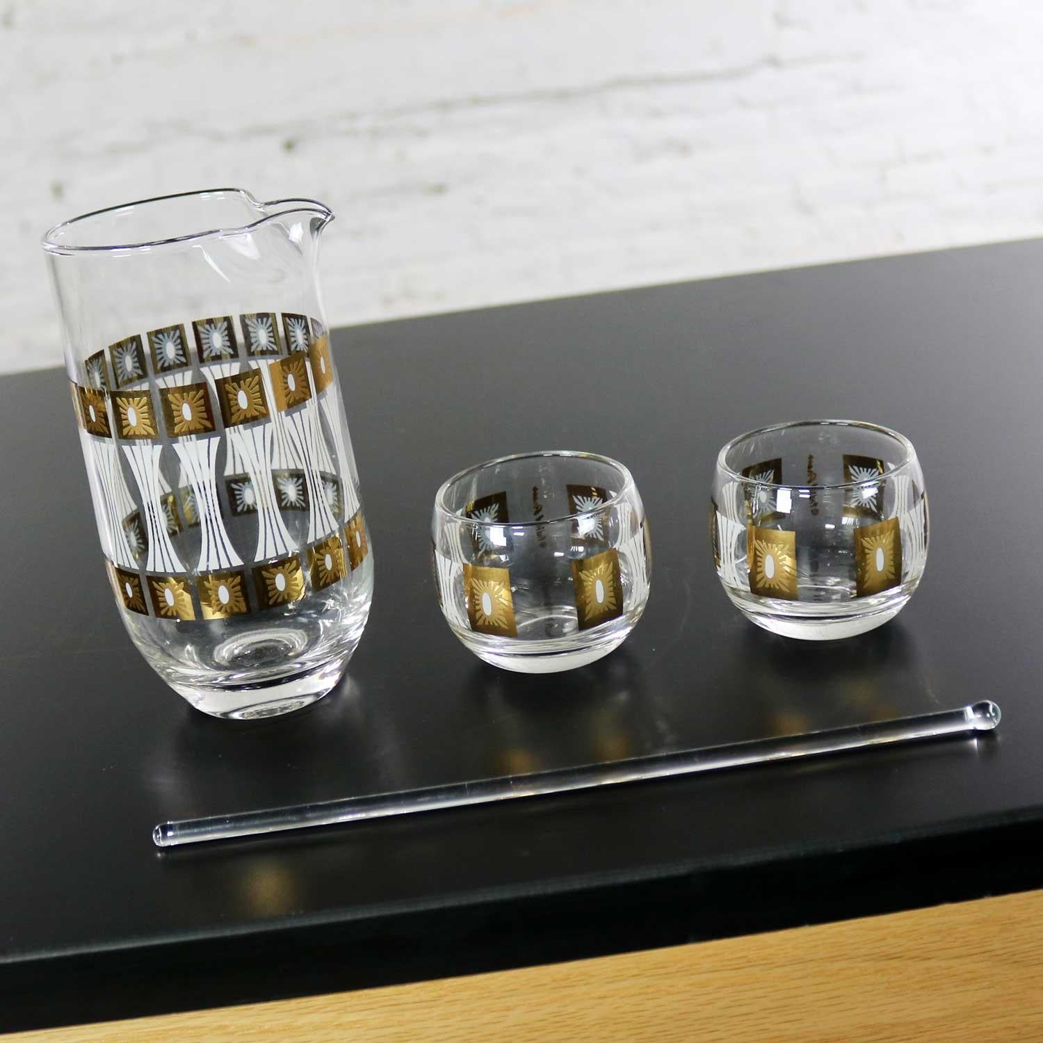 Metal Vintage Mid-Century Modern Fred Press Glass Cocktail Caddy Set Sun Block Patter For Sale