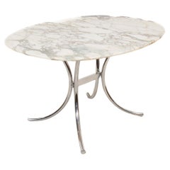 Vintage Mid-Century Modern French Oval Marble Top Dining Table with Chrome Base