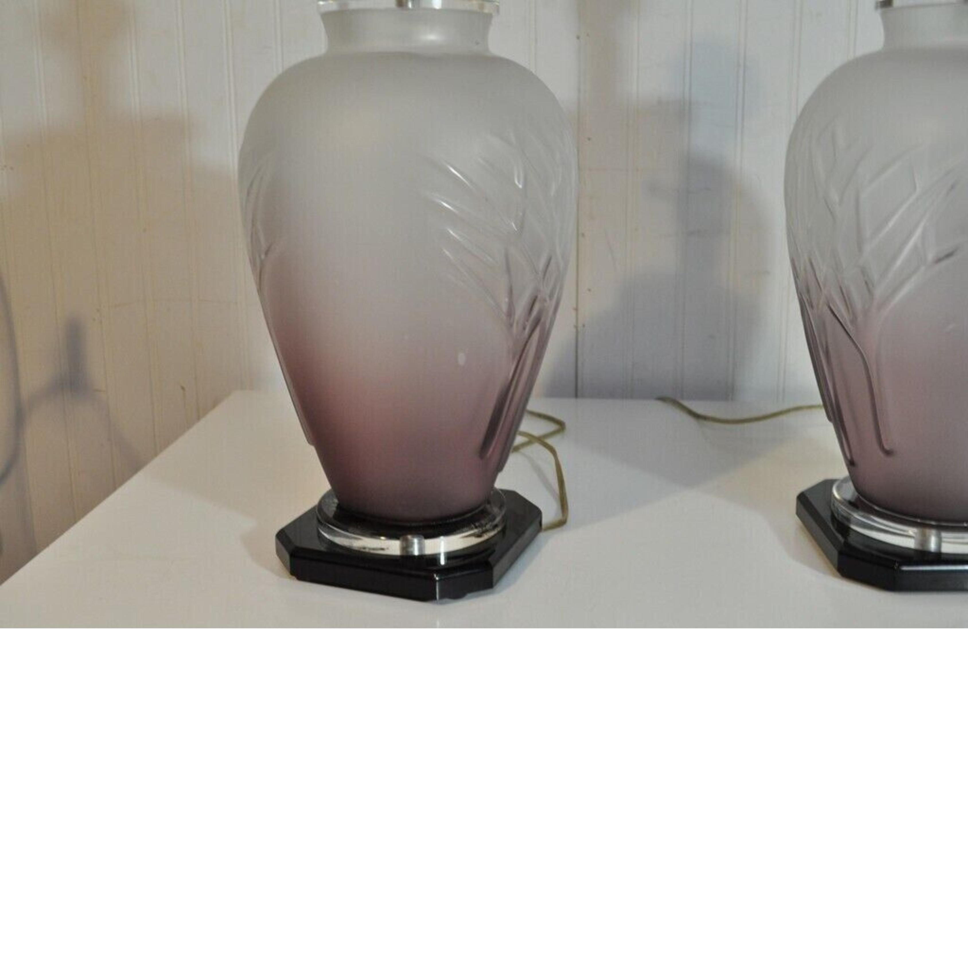 Late 20th Century Vintage Mid Century Modern Frosted Purple Glass & Lucite Table Lamps - a Pair For Sale