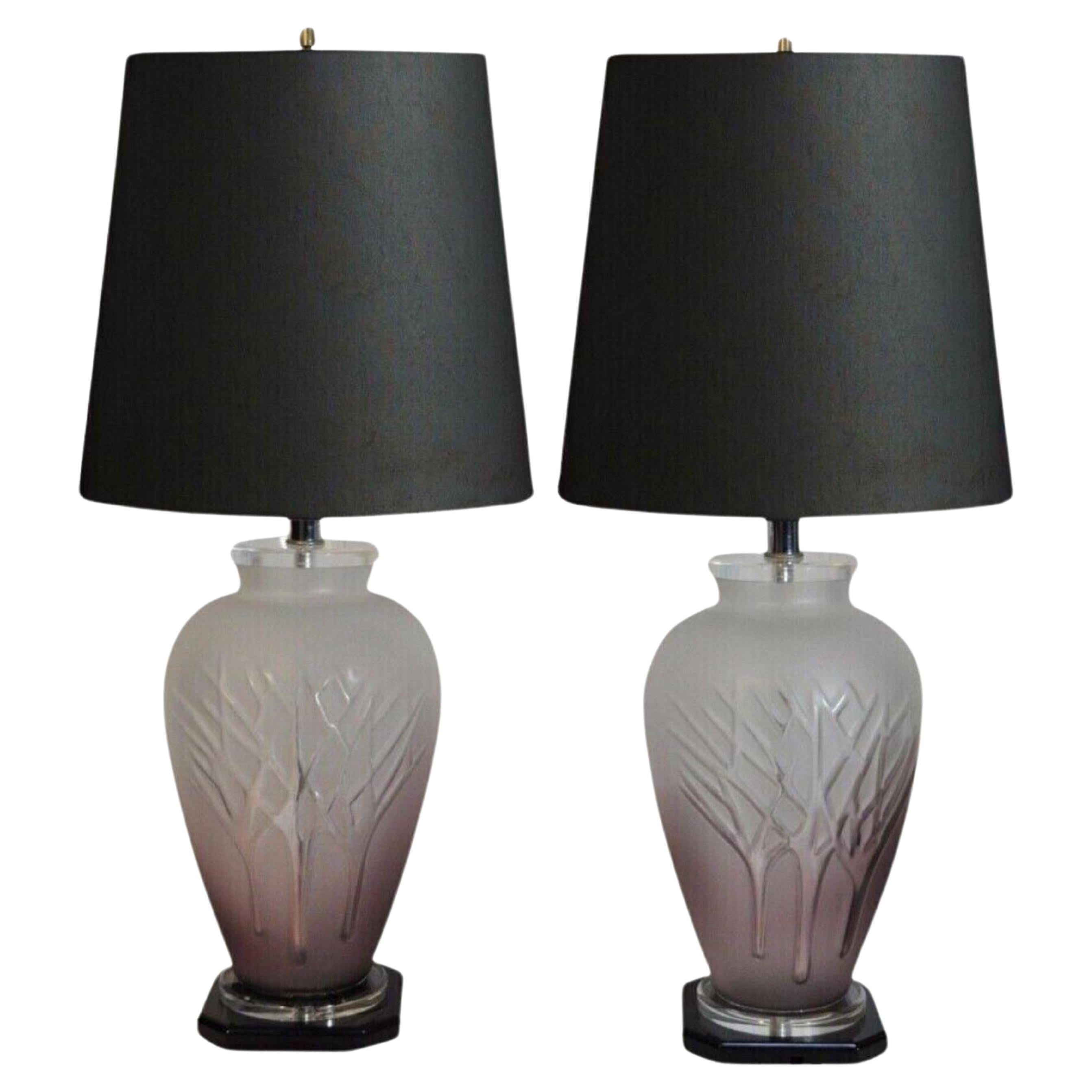 Vintage Mid Century Modern Frosted Purple Glass & Lucite Table Lamps - a Pair For Sale