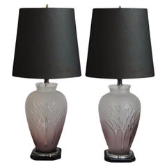 Retro Mid Century Modern Frosted Purple Glass & Lucite Table Lamps - a Pair