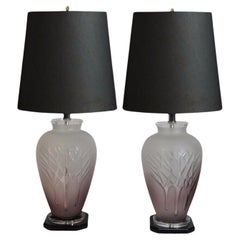 Vintage Mid Century Modern Frosted Purple Glass & Lucite Table Lamps - a Pair