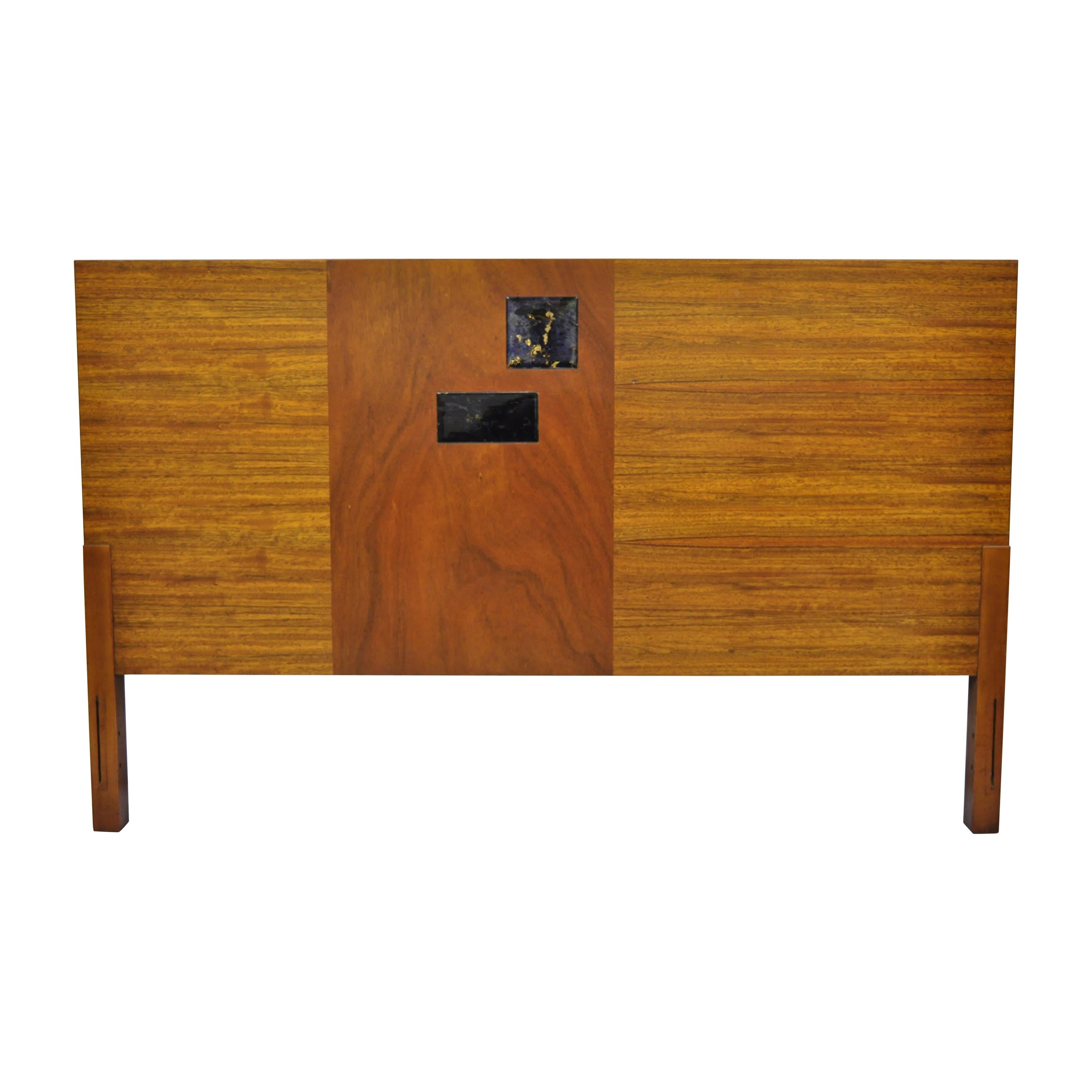 Vintage Mid-Century Modern Full Size Walnut and Tile Inlay Bed Headboard