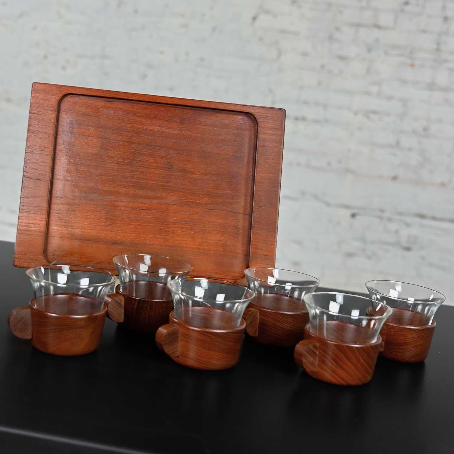 Vintage Mid-Century Modern Galatix Hand Made Burma Teak Tea Service Set 6 & Tray For Sale 4