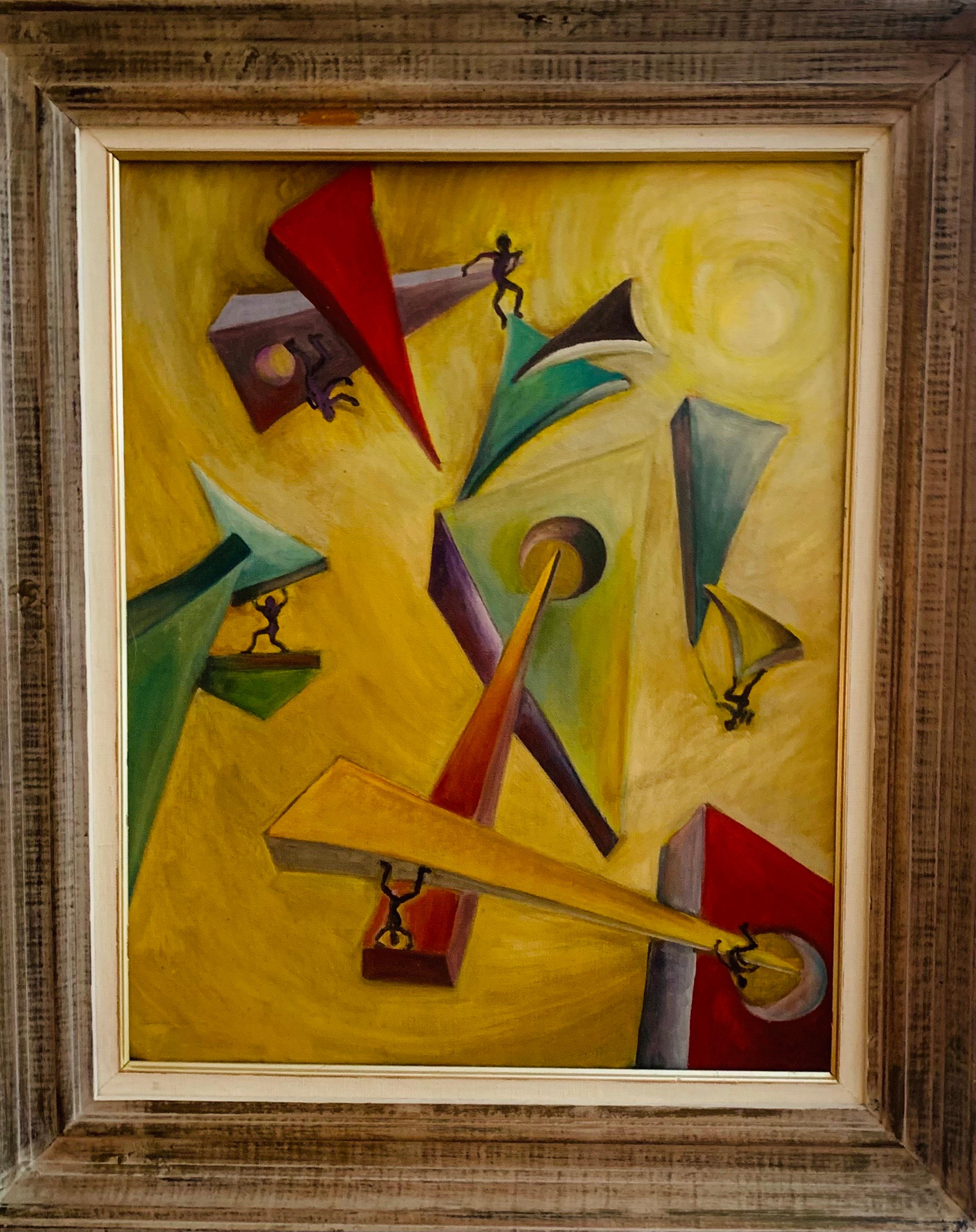 Vintage Mid-Century Modern Geometric Abstract Painting in Cerused Wood Frame In Good Condition In West Reading, PA