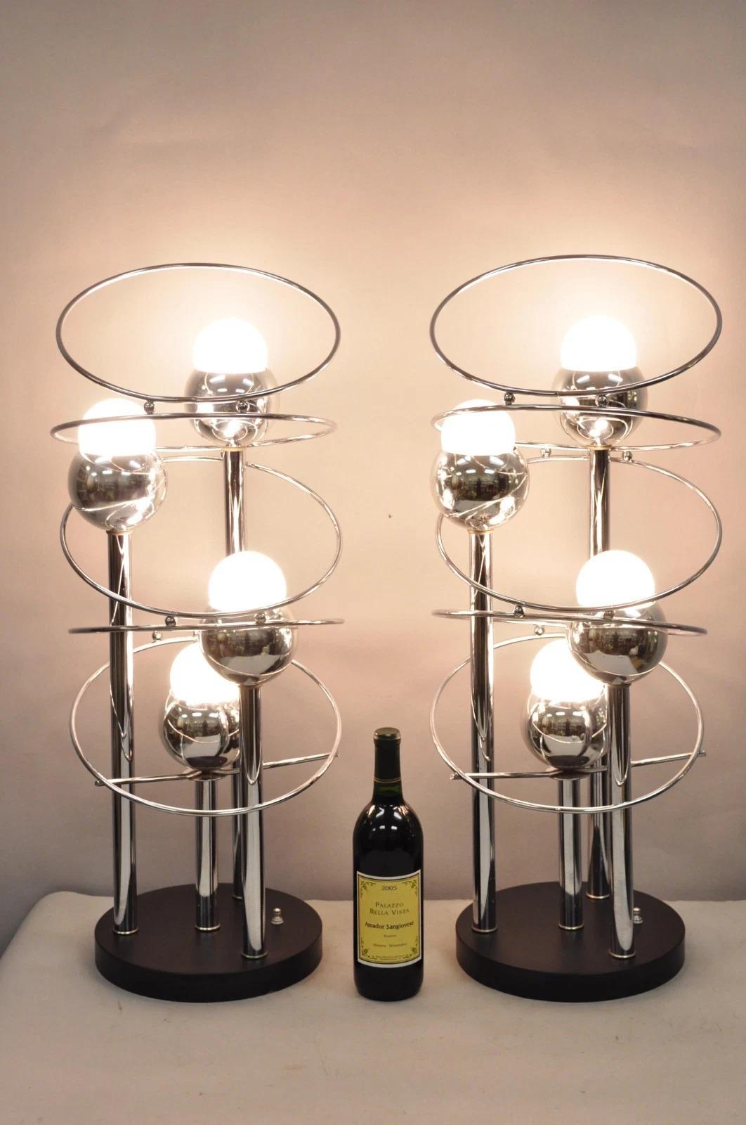 Vintage Mid Century Modern George Kovacs Spiral Chrome Eyeball Table Lamps on Black Laminate Bases - a Pair. Circa Mid 20th Century. Measurements: 31