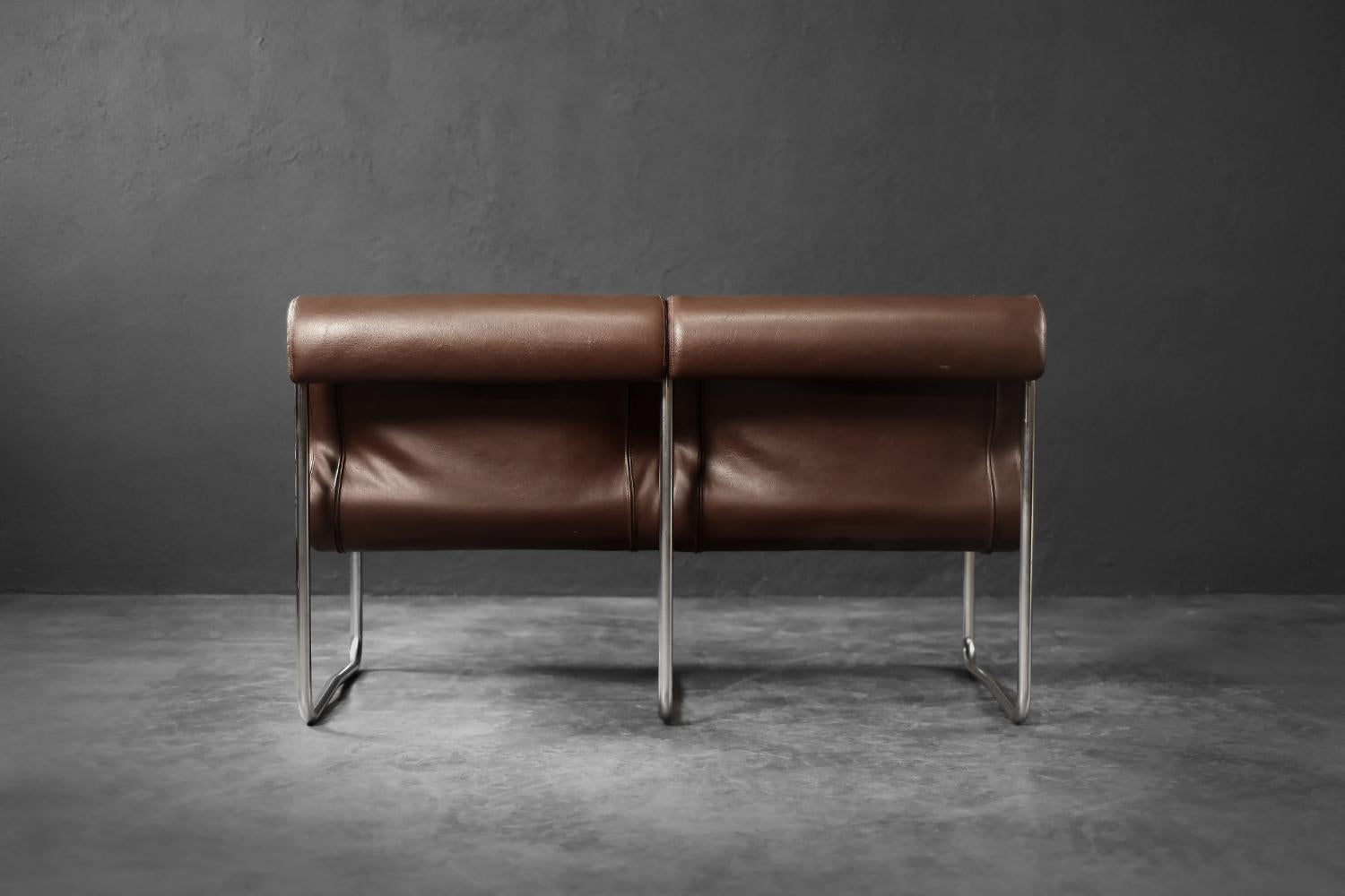 Vintage Mid-Century Modern German 2-Seater Brown Steel Frame Lounge Sofa, 1970s For Sale 11