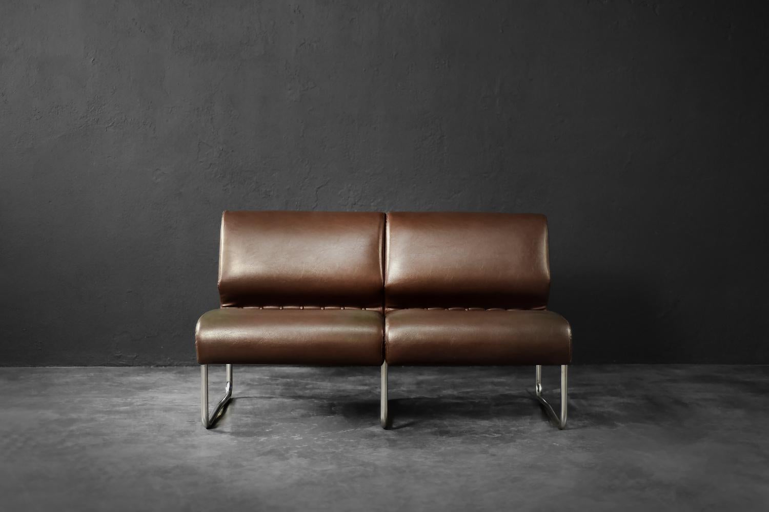 Faux Leather Vintage Mid-Century Modern German 2-Seater Brown Steel Frame Lounge Sofa, 1970s For Sale