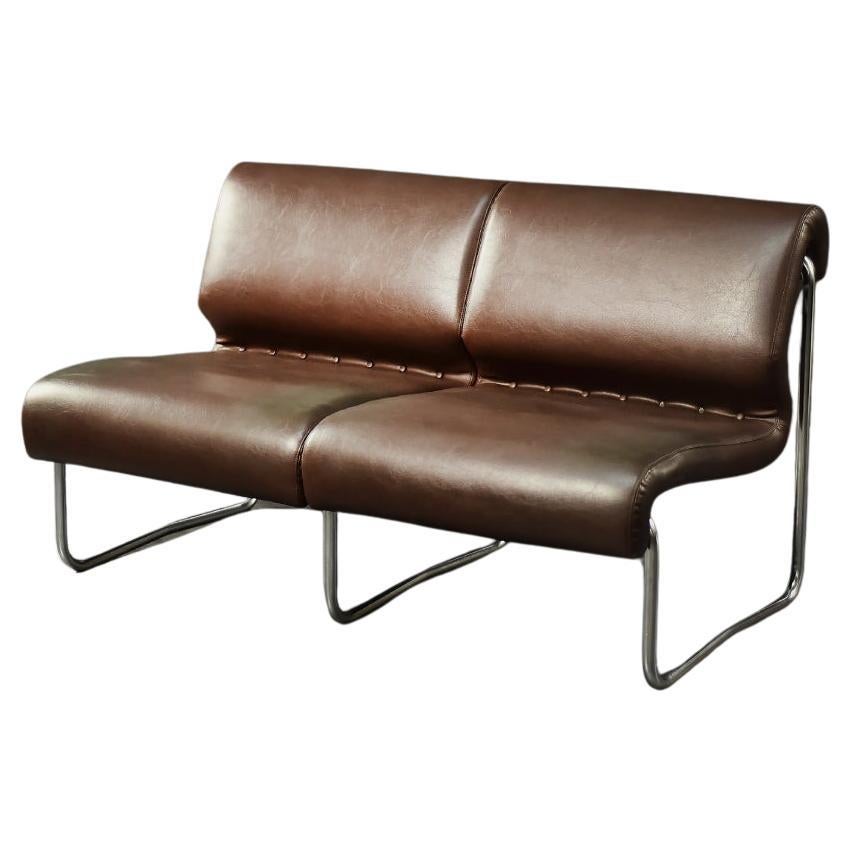 Vintage Mid-Century Modern German 2-Seater Brown Steel Frame Lounge Sofa, 1970s
