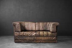 Vintage Mid-Century Modern German Brutalist 2Seater Brown Leather Bed Sofa, 1970