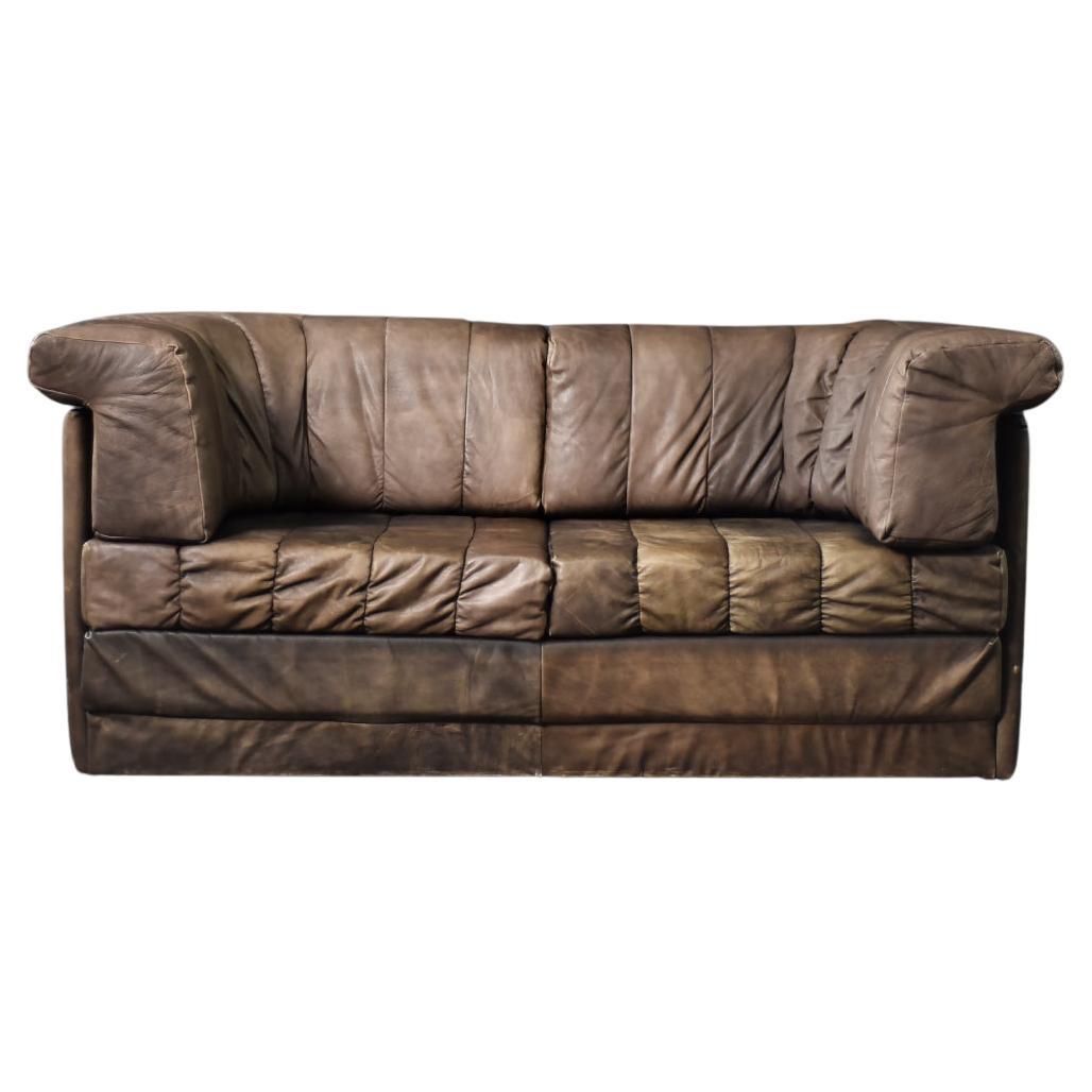 Vintage Mid-Century Modern German Brutalist 2Seater Brown Leather Bed Sofa, 1970