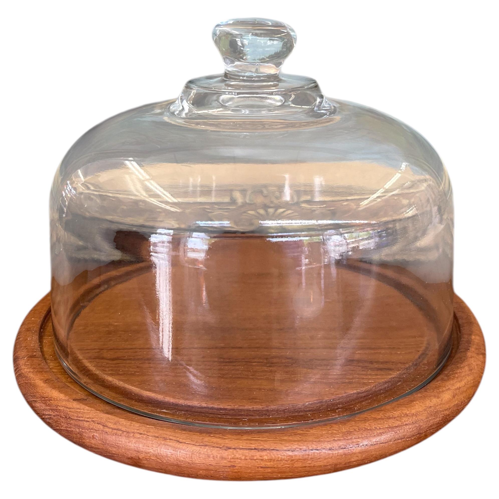 Vintage Mid-Century Modern Glass and Teak Cheese Dome by Goodwood Thailand. For Sale