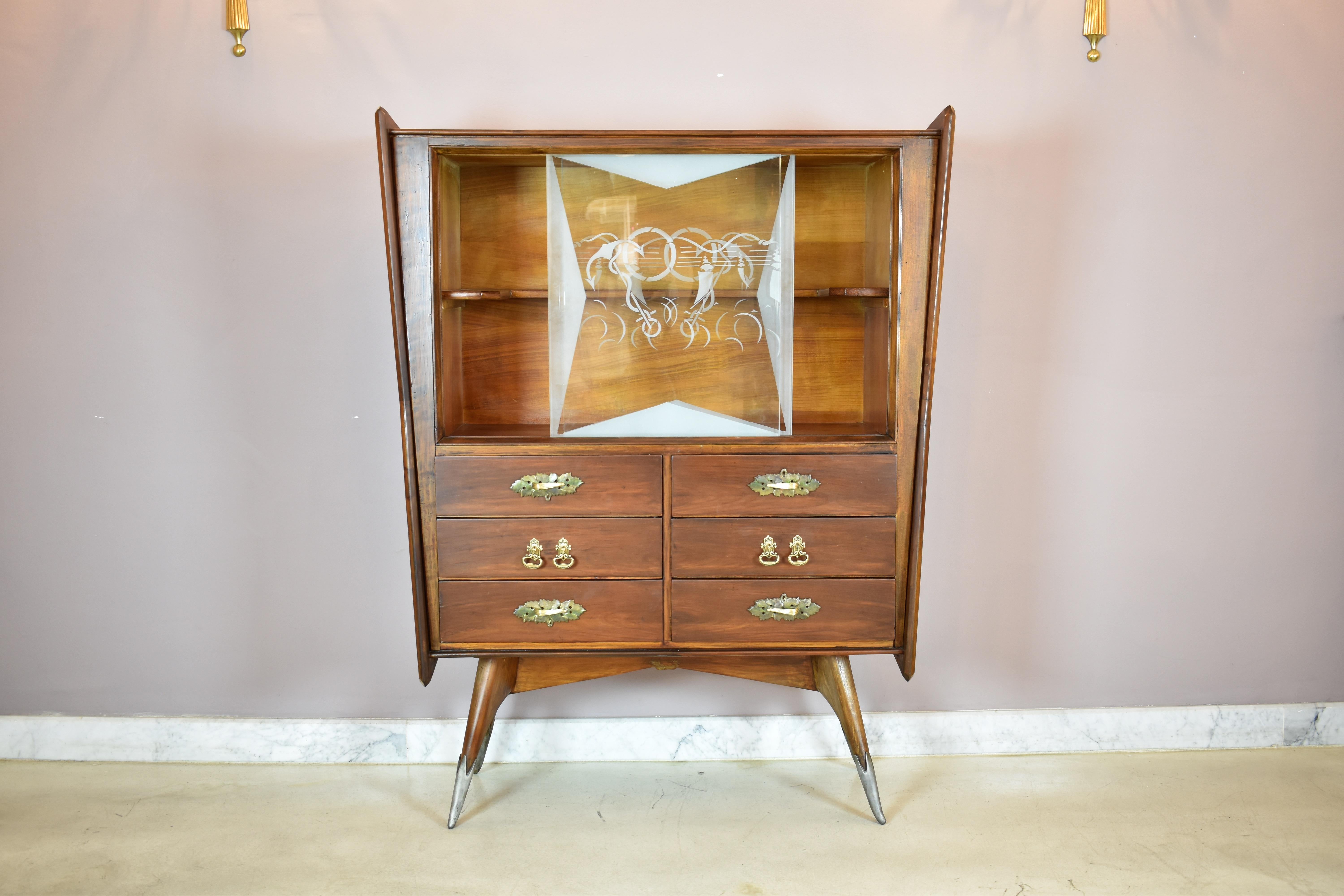 Italian Vintage Mid-Century Modern Glass-Frosted Cabinet, Italy, 1950s For Sale