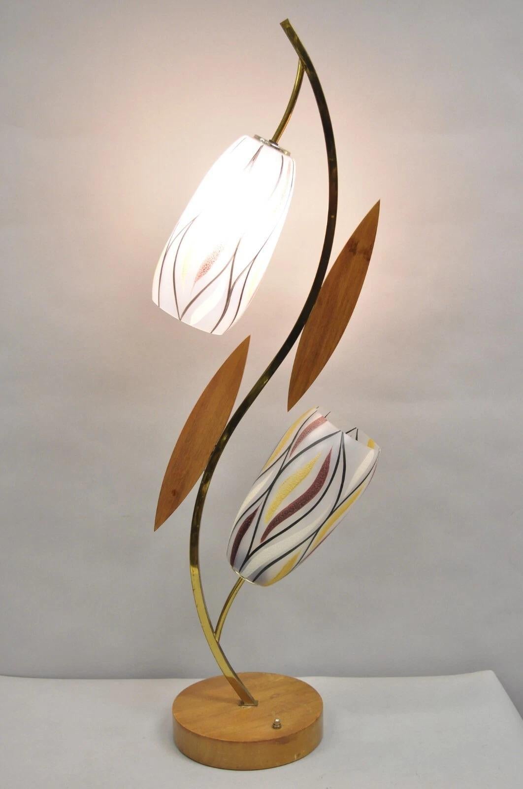 Vintage Mid Century Modern Glass Shade Walnut Tulip Leaf Tall Table Lamp For Sale 5