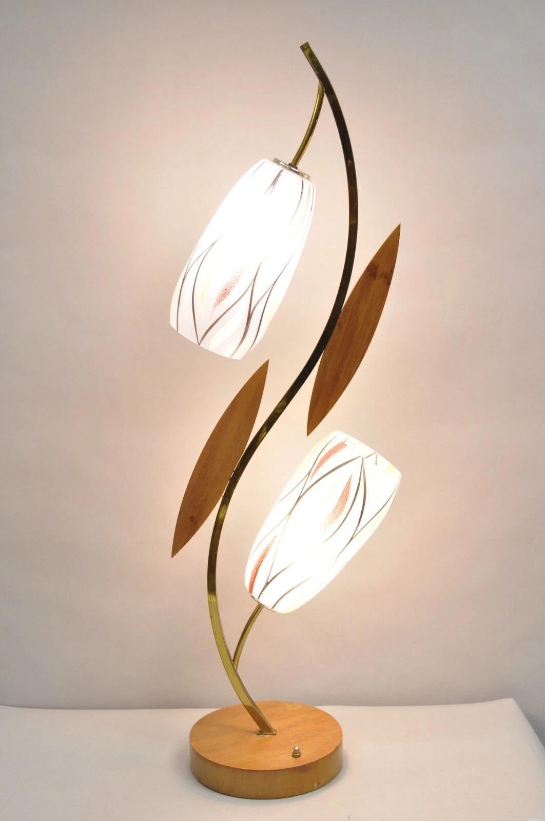 Vintage Mid Century Modern Glass Shade Walnut Tulip Leaf Tall Table Lamp with Various Illumination Options. Circa Mid 20th Century. Measurements: 40