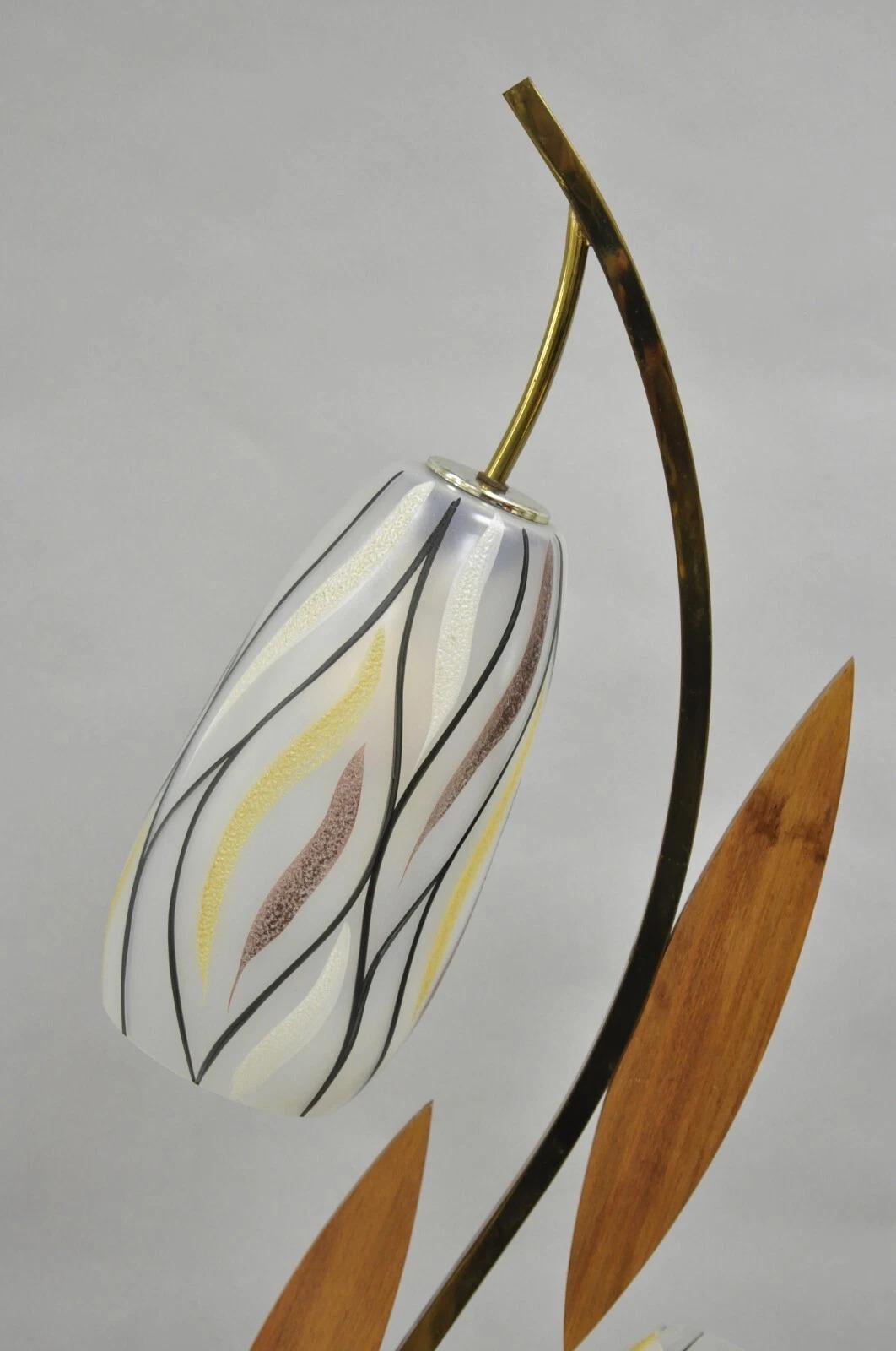 Mid-Century Modern Vintage Mid Century Modern Glass Shade Walnut Tulip Leaf Tall Table Lamp For Sale