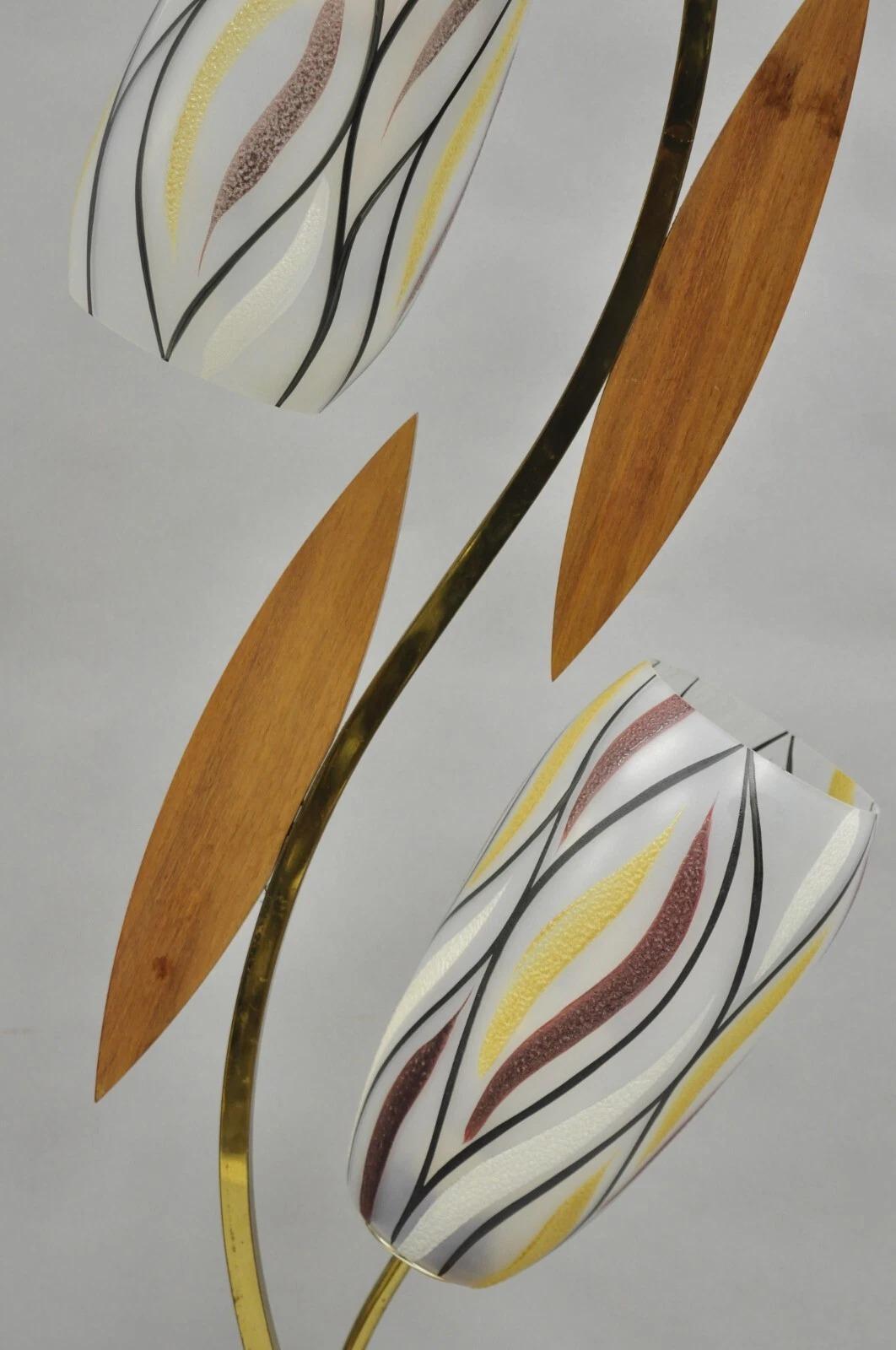 Unknown Vintage Mid Century Modern Glass Shade Walnut Tulip Leaf Tall Table Lamp For Sale