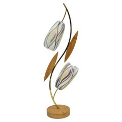 Vintage Mid Century Modern Glass Shade Walnut Tulip Leaf Tall Table Lamp