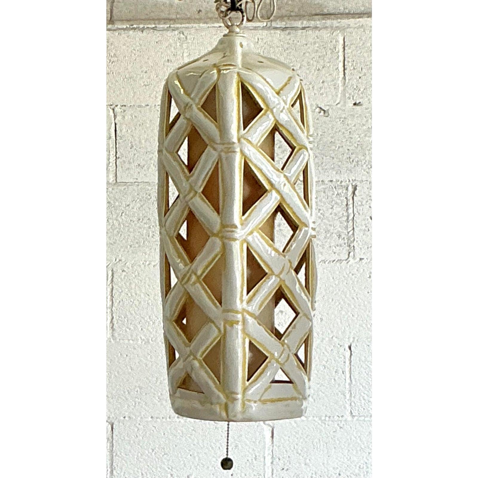 Vintage Mid-Century Modern Glasierte Keramik Hängende Spalier Laterne (20. Jahrhundert) im Angebot