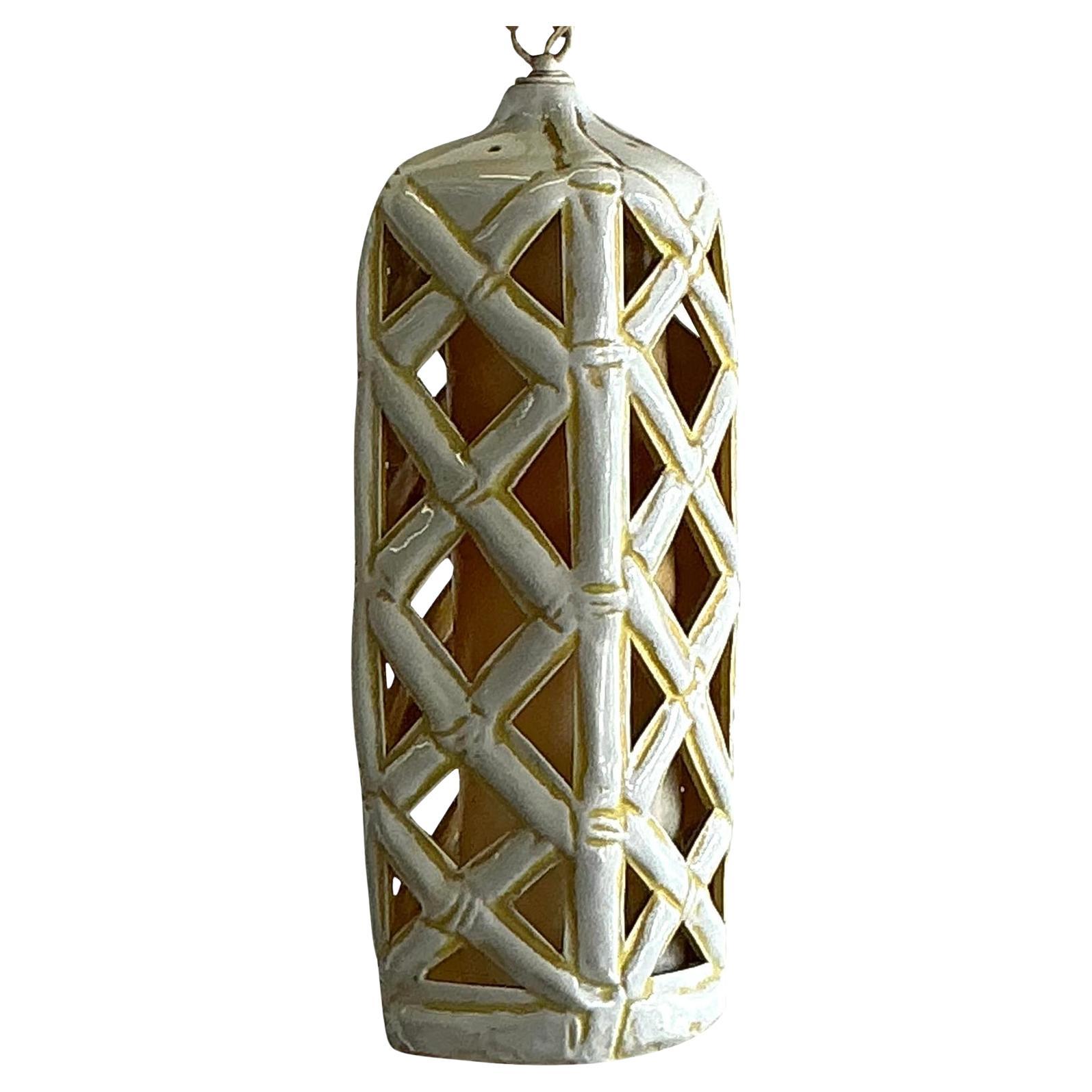 Vintage Mid-Century Modern Glasierte Keramik Hängende Spalier Laterne im Angebot