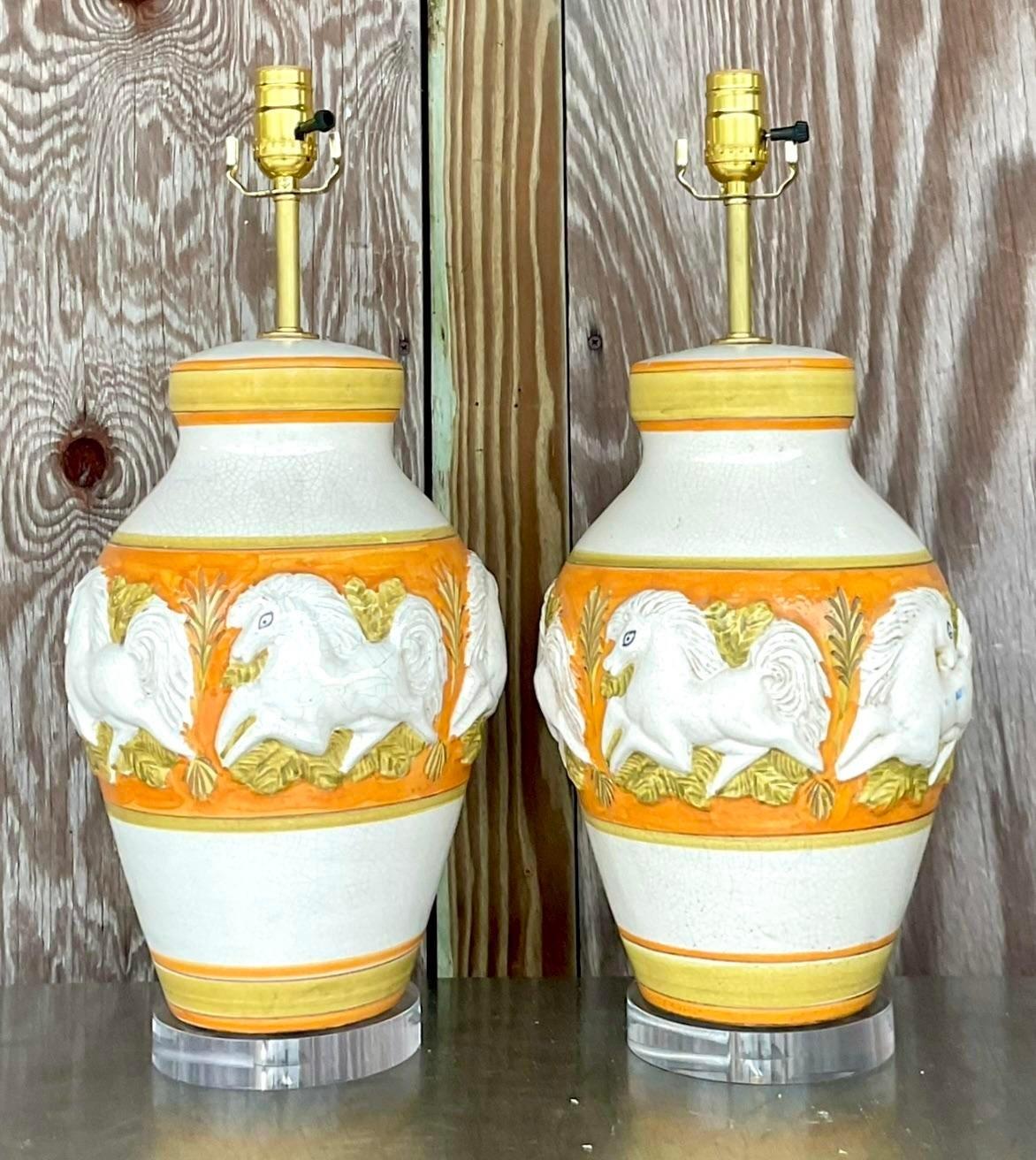 Italian Vintage Mid-Century Modern Glazed Ceramic Prancing Horse Lamps - a Pair For Sale